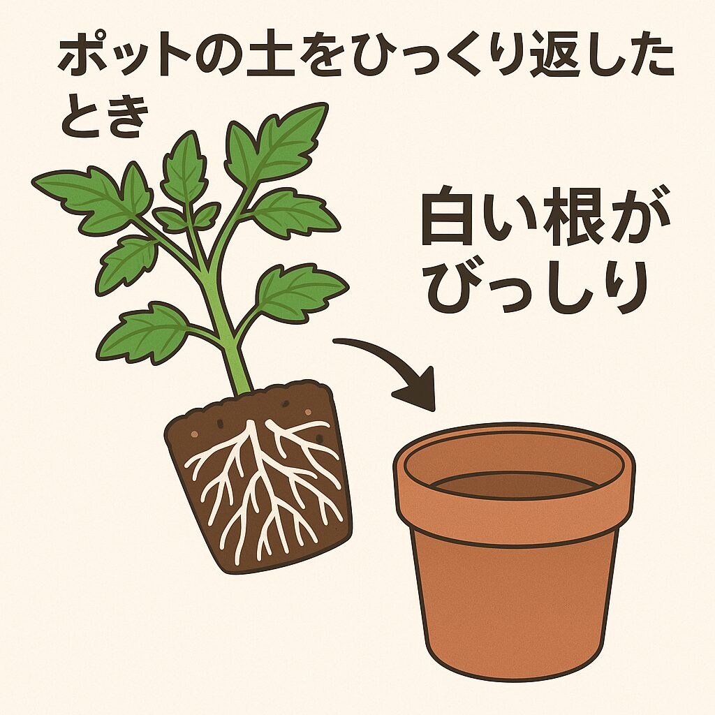 ポットの土をひっくり返したときに白い根がびっしり